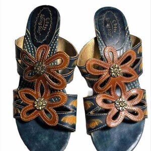 Spring Step CARLINA Leather Floral Heels Slides Sandals Women's Size 37 1027
